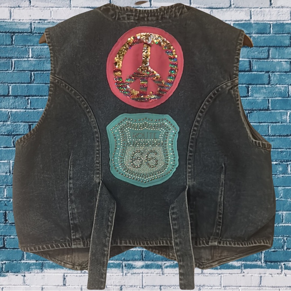 Upcycled Route 66 sequin peace sign patched vintage denim jean vest